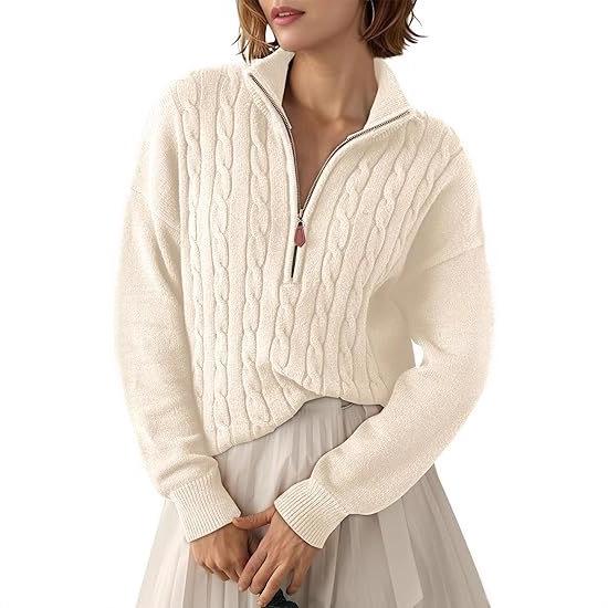 Women's Half-High Collar Zipper Ribbed Knit Pullover Sweater, Short-Sleeve, Loose Fit, 2025 Autumn/Winter Collection.
