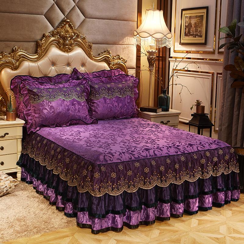 Velvet Lace Bed Skirt European-Style Embossed Bedspread Non-Slip Protective Cover Autumn and Winter Warm Bedding