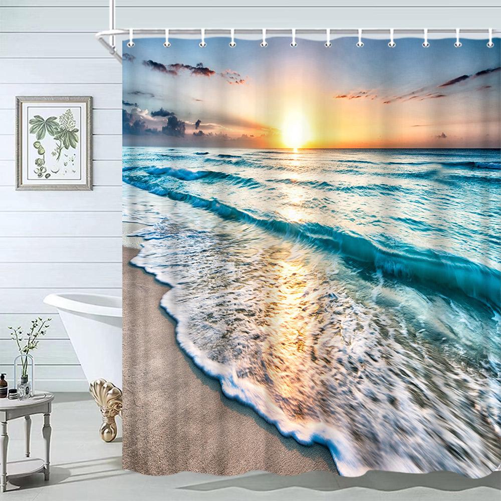 Starfish Beach Bath Shower Curtain Shells Rustic Wooden Planks Palm Trees Natural Landscape Printed Bath Curtains Bathroom Decor