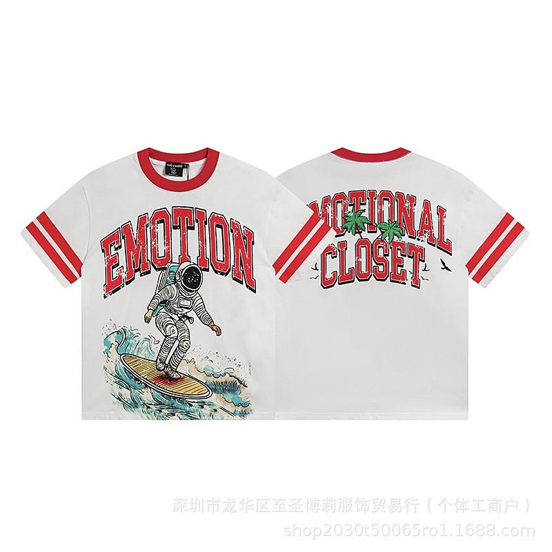 Unisex Vintage American Style Loose Fit Cotton Tee With Embellished Letter Print Round Neck Short Sleeve