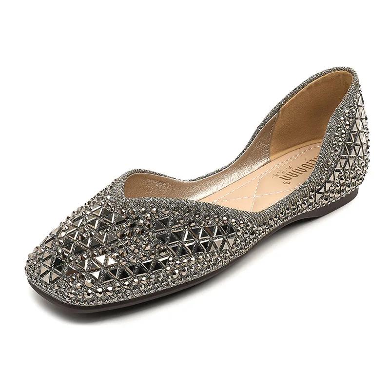 Fashion Brand Rivets Flats Shoes Square-toe Women Glitter Beading Ballerian Shoes for Women Shallow Sequined Moccasins Zapatos Mujer
