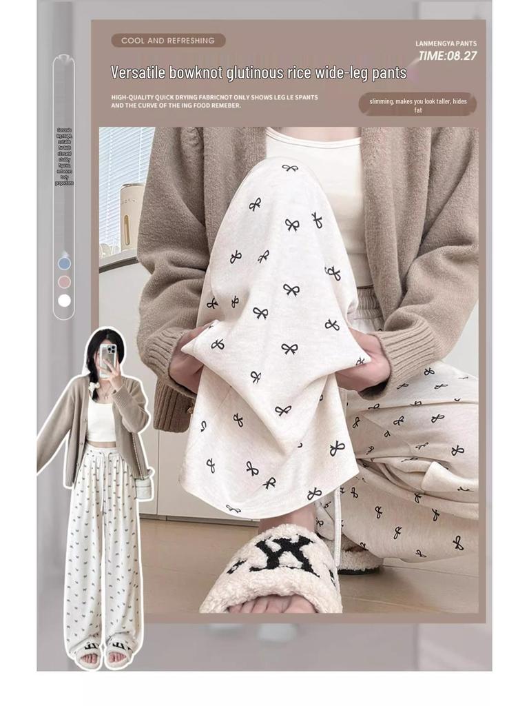 2024 Women's High-Waist Wide Leg Pants: Bow Detail, Soft Glutinous Fabric, Slimming, Casual, Petite Fit for Spring & Autumn