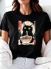 Vintage Japanese Ukiyoe Style Black Cat Eating Raunisex Noodles Art Unisexs Tshirt Casual Printed Round Neck Tops Female Tshirt