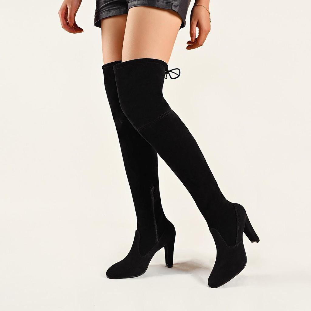 Europäische & Amerikanische Übergrößen Over-the-Knee High Heel Spitz zulaufende einfarbige Lange Stiefel mit Seitenreißverschluss - Damen Stretch Stiefel für Herbst & Winter.