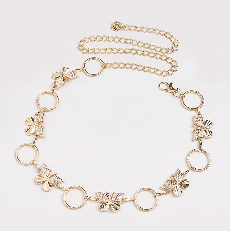 New Women's Sweet Rhinestone Butterfly Circle Metal Versatile Fashionable Waist Chain Adjustable Delicate Women's Belt