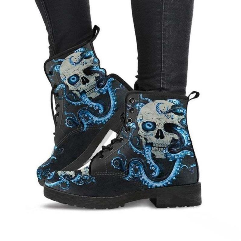 Large Size British Fashion Tooling Boots Large Size Retro Printed Women's High Top Cartoon Pattern Martin Boots