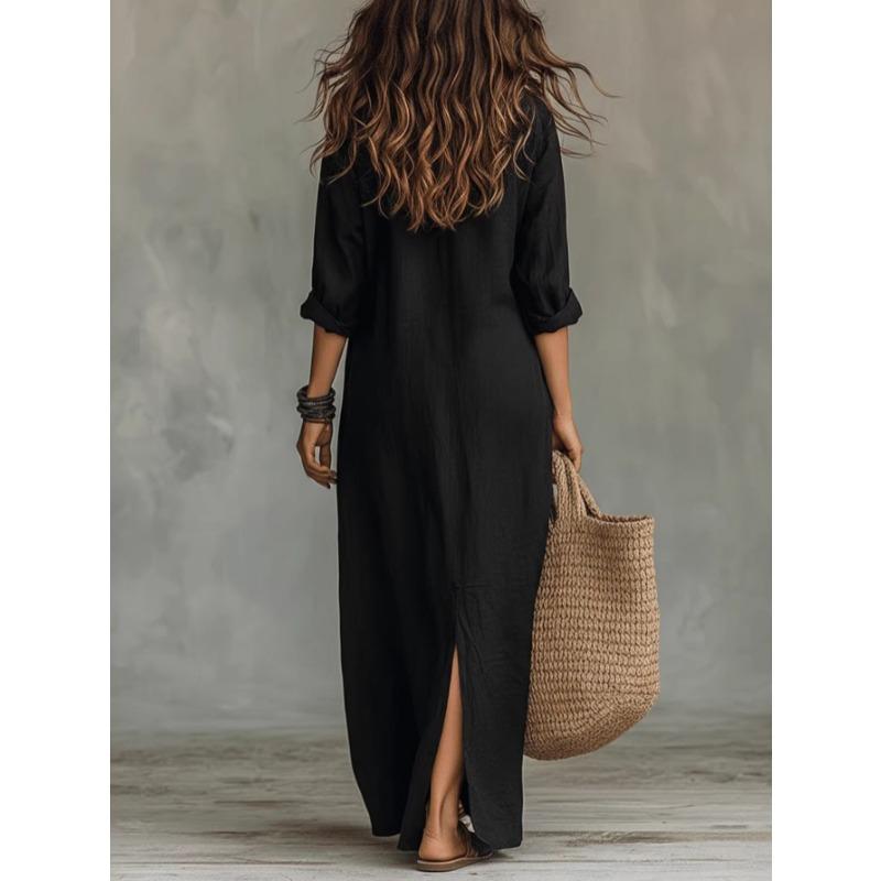 2026 Vestito da Donna Casual Ampio Elegante Boho Monocolore Semplice Spacco Laterale Manica Lunga Vestito da Festa Vestito Camicia Aderente Abiti da Ufficio per Donna