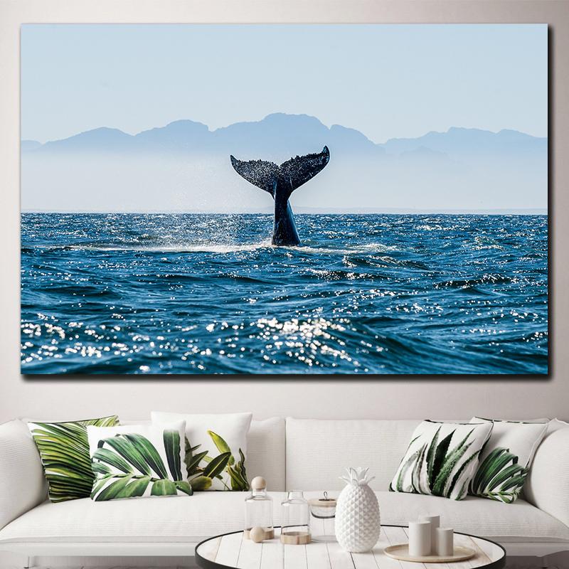 Natural Blue Whale Fish Tail Canvas Painting Wall Art Seascape Animal Killer Whale Posters and Prints for Living Room Home Decor