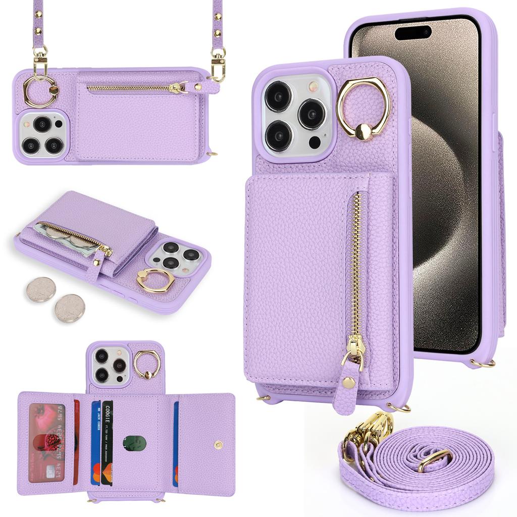 Applicable To iPhone16 Mobile Phone Case 17Pro Lychee Pattern Ring Zipper Oblique Span Protective Case 14plus Card