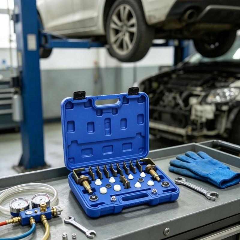 Car Air-Conditioning System Service Kit with Threaded Metal Components for Leak Checking, Line Sealing, and Vehicle Maintenance Work
