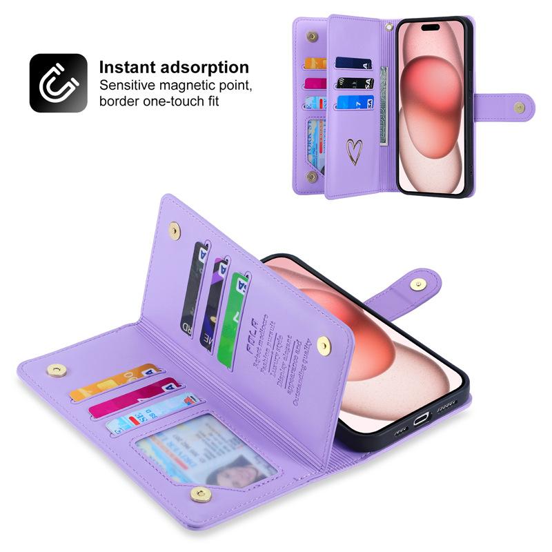 Applicable iPhone17ProMax Phone case with gold-embossed heart and zipper card slot17/16Flip cover with card slot15Wallet