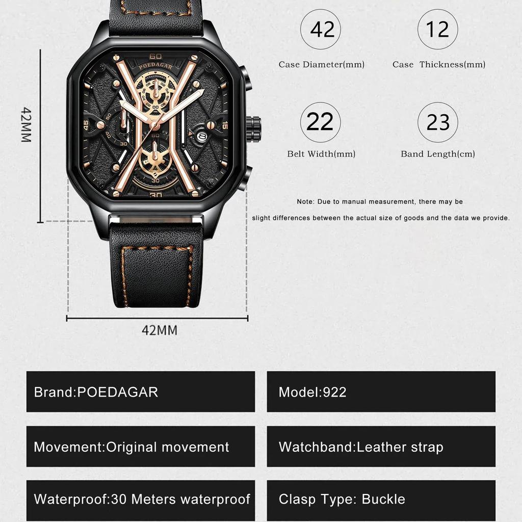 POEDAGAR Mode Herren Armbanduhren Luxus Chronograph Leuchtende wasserdichte Datumsuhr Quadratisches Zifferblatt Leder Quarz Business Uhren