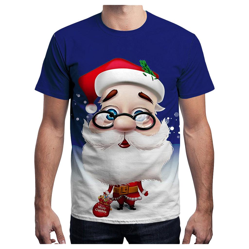 

Унисекс Мужчины Женщины Рождественский Санта-принт Блузка с короткими рукавами Футболка Топы синий