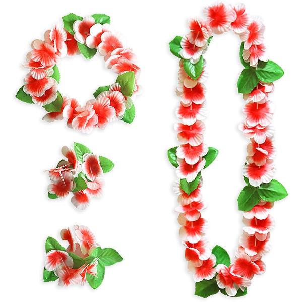 4 Pieces Hawaiian Leis Set Green Red Luau Leis Hawaiian Flowers Leaves Wreath Garland Tropical Floral Accessories for Hawaiian Luau Party Wedding Style 3