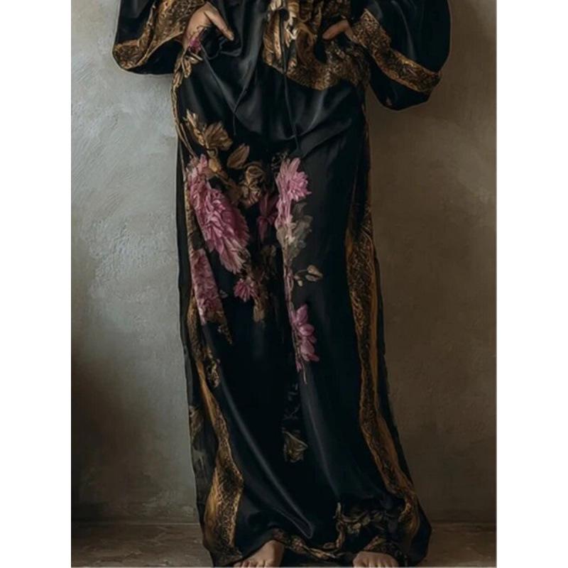 Spring/Summer 2026 Retro Print Deep V Tie-up Top & Wide-leg Pants Two-piece Set for Women