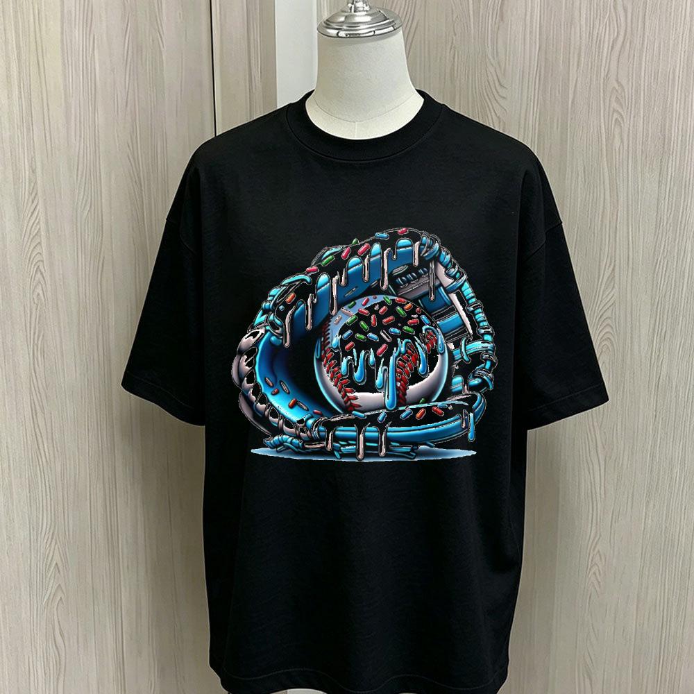 Dripping Donut Baseball Glove Graphic T Shirt Unisex Oversized Short Sleeve Tees Soft Cotton Colorful Sprinkles Baseball Print