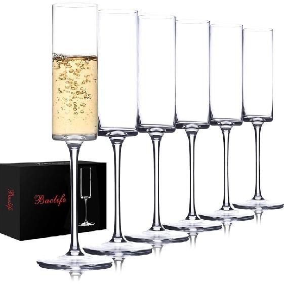BACLIFE Crystal Champagne Flutes Set of 6 - Hand Blown Champagne Glasses With Long Stem - 6.5 oz Elegant Sparkling Wine Stemware - Unique Gift for 6Pcs 6.5oz