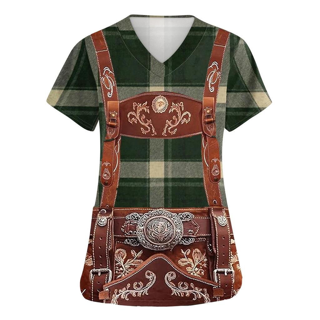 Women V Neck Short Sleeve Work Shirt with Pockets Oktoberfest Print Top Nursing Uniform Medical Scrub Tee with Front Pocket Design