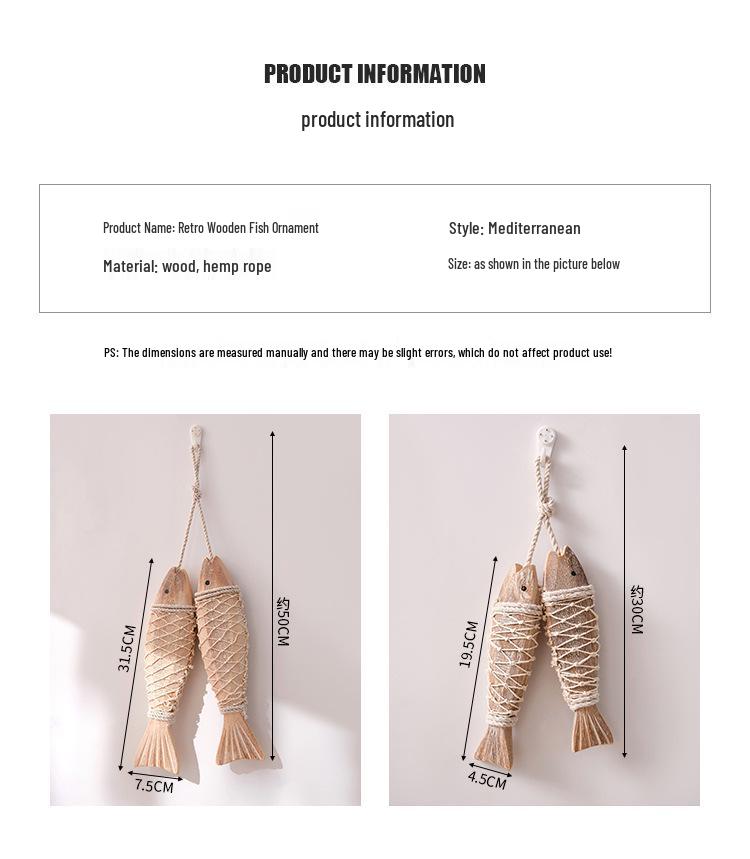 Mediterranean Hand-Carved Wooden Fish with Net Wall Hanging Ornament