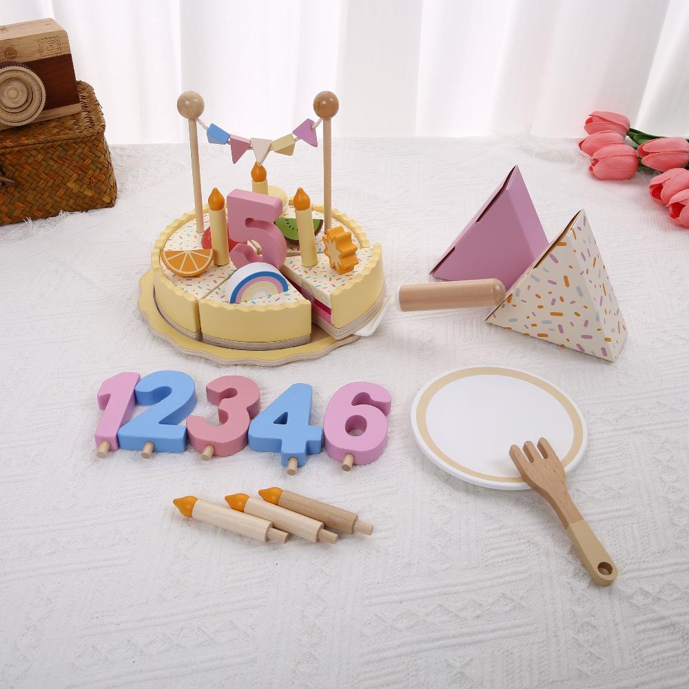 Children's Simulation Wooden Birthday Cake Toys Playsets Pretend Play Cutting Food Game Children Role Play Toy Gift Presents for Boy Girl