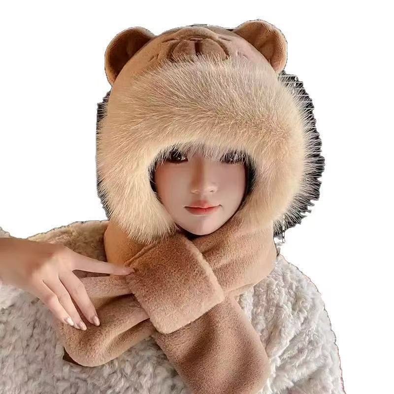 Winter Bear Hat Ear Protection Cold-proof Hooded Scarf Integrated Scarf Cycling Warm Plush Thickened Cute Winter