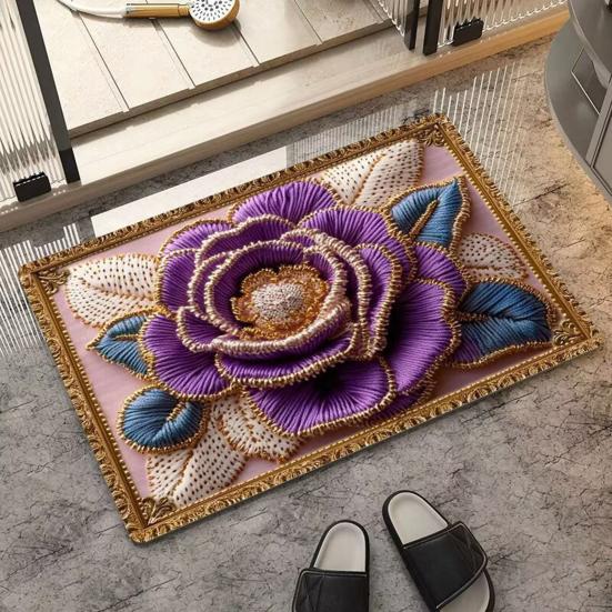 Floor Mat Non-Slip Rubber Backing Absorbent Quick-Drying Bath Rug Retro Style 3D Flower Pattern Kitchen Shower
