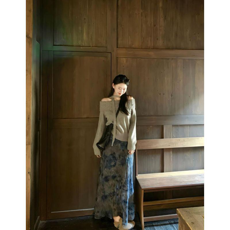 

Kumikumi Sweet Style Suit Elegant Anti-Aging Long Sleeves Sweater Female Autumn High Waist Slimming Skirt Two-piece Set Grey Sweater One size