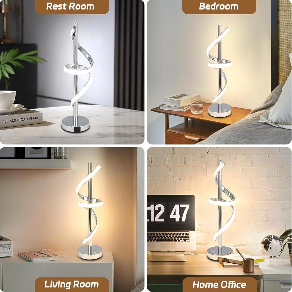 LED Modern Table Lamp, Dimmable Spiral LED Table Lamp, 3 Colors Touch Control LED Bedside Lamp, Silver Unique Cool Lamps for Home Decor, Modern