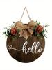 1 piece wooden round hello welcome wreath sign hanging decorating front door, farmhouse porch sign and artificial greenery