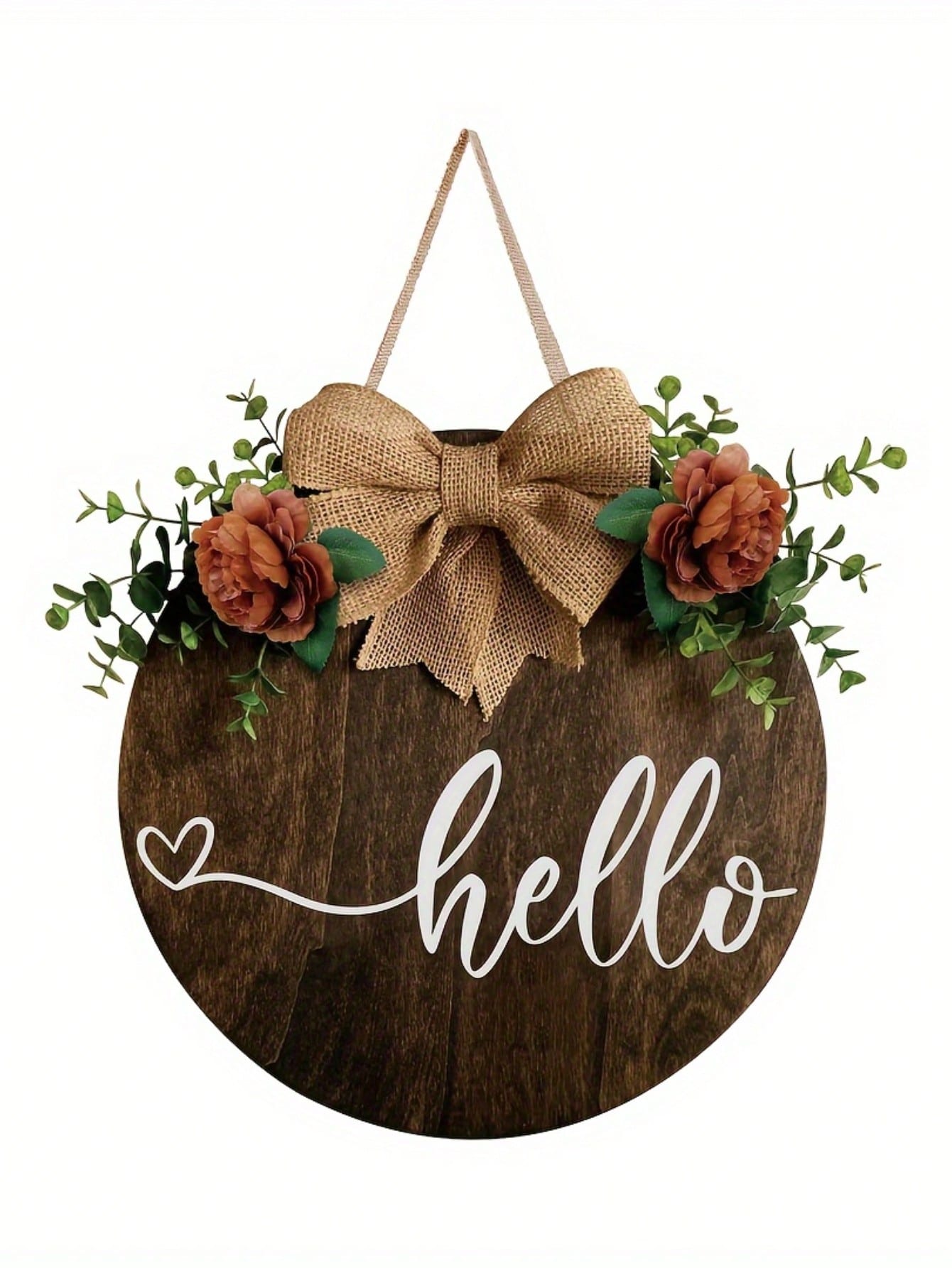 

1 piece wooden round hello welcome wreath sign hanging decorating front door, farmhouse porch sign and artificial greenery 30x30cm
