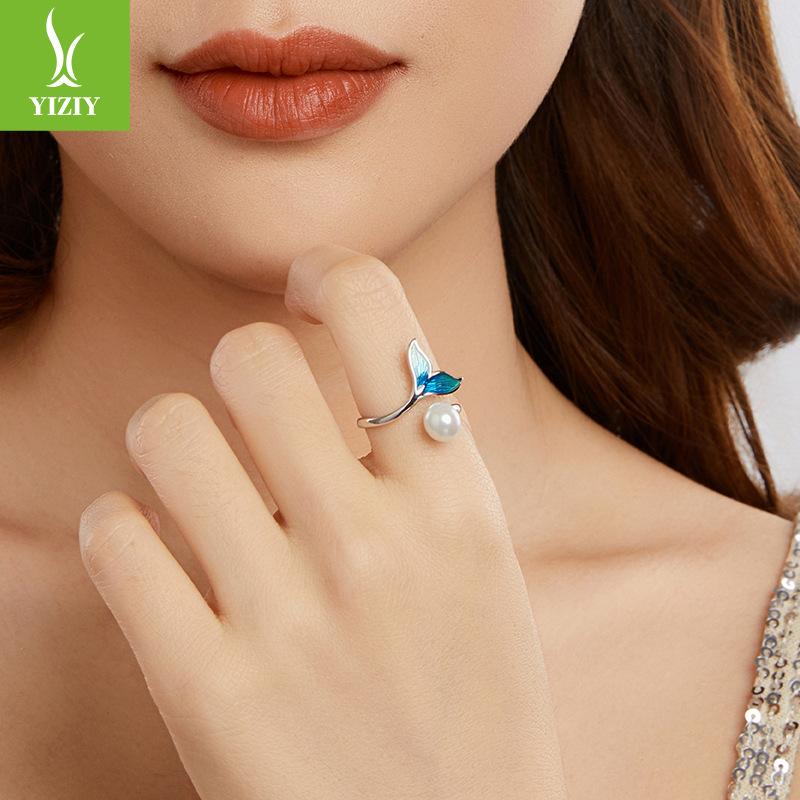 S925 Sterling Silver Bead Mermaid Open Ring, Elegant Dream Man Fishtail Ring Jewelry