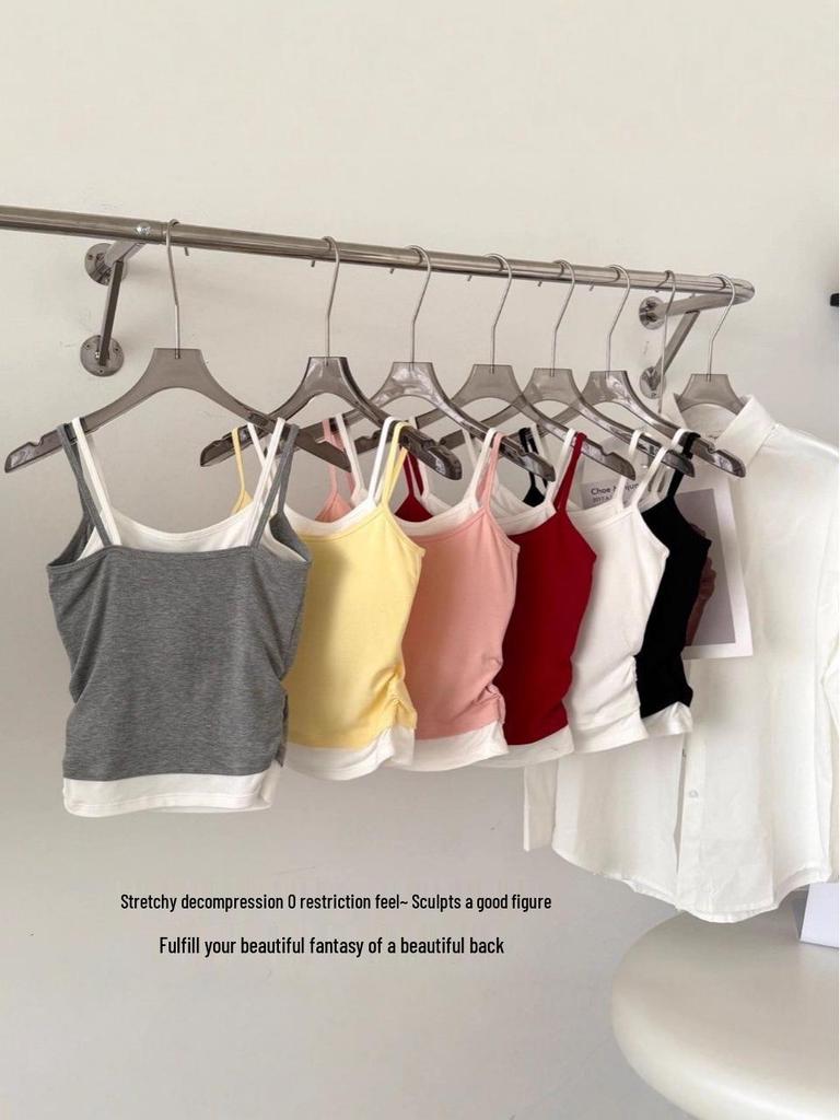 Korean-Style Girlish Camisole Vest with Pleated Inner Layer and Chest Pads