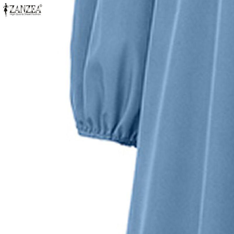 ZANZEA Women Muslim Casual Round Neck Solid Color Long Sleeve Loose Long Dress