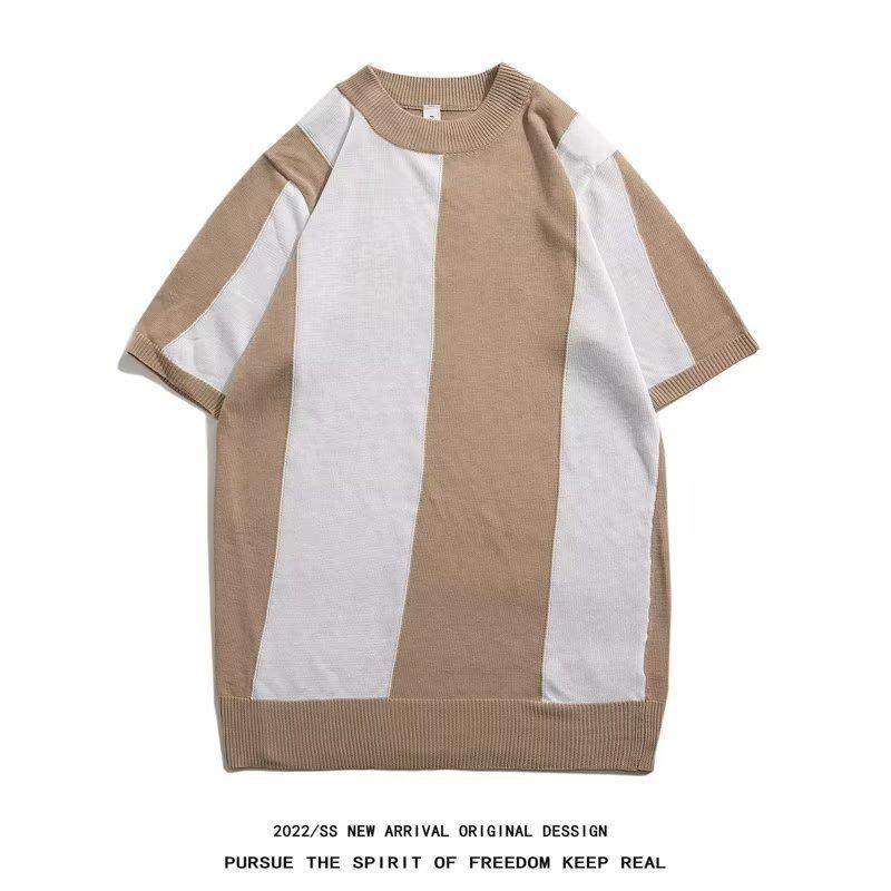 Men Color Block Vertical Stripe Knitted Short Sleeve T Shirt Casual Loose Breathable Streetwear Summer Top M хаки