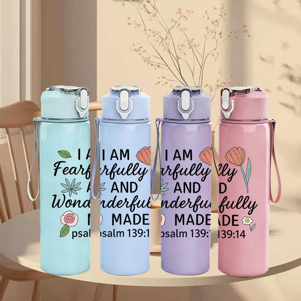 1PC I Am Fearfully Wonderfully Made 750ml Color Plastic Sports Water Bottle Leakproof Flip Straw Lid Suitable for Sports Office Home Use