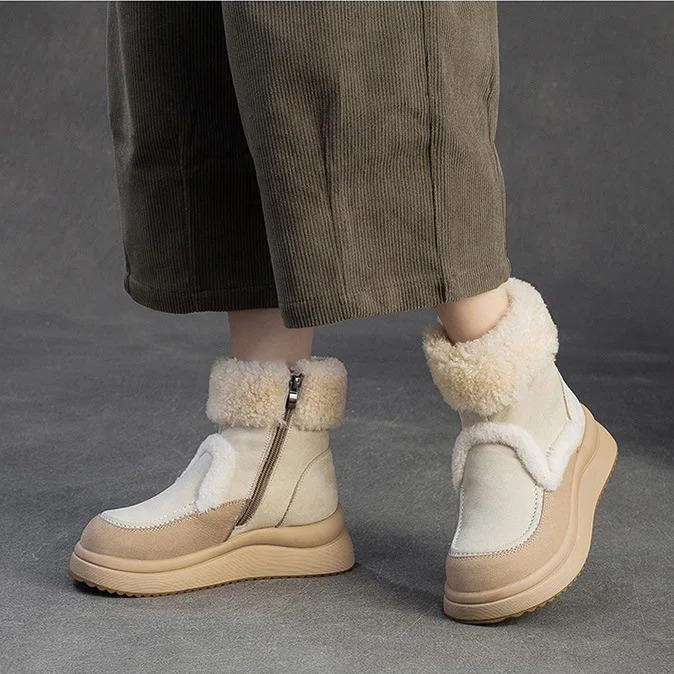 Johnature Warm Genuine Leather Snow Boots With Thick Bottom And Inner Wool Women's Short Boots