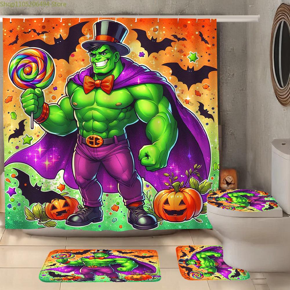 Hulk Power Bathroom Set 4PCS! Angry Green Face Full Print Waterproof Shower Curtain with Mat, Marvel Avengers Decor Gifts