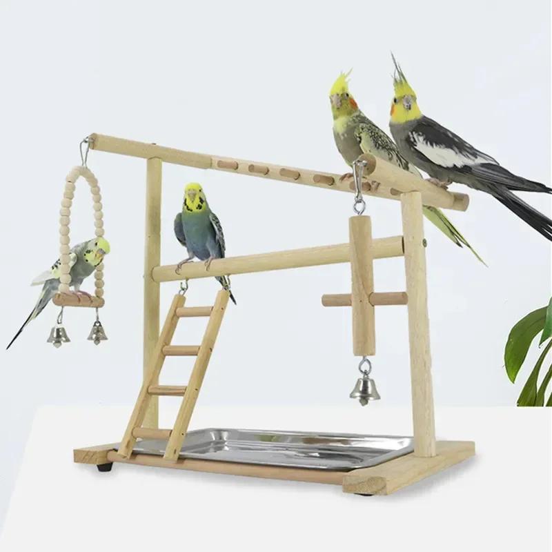 Wooden Bird Playstand Gym - Parrot Cockatiel Playground with Metal Feeder Perch Ladder Plate Interactive Bird Toy for Activity