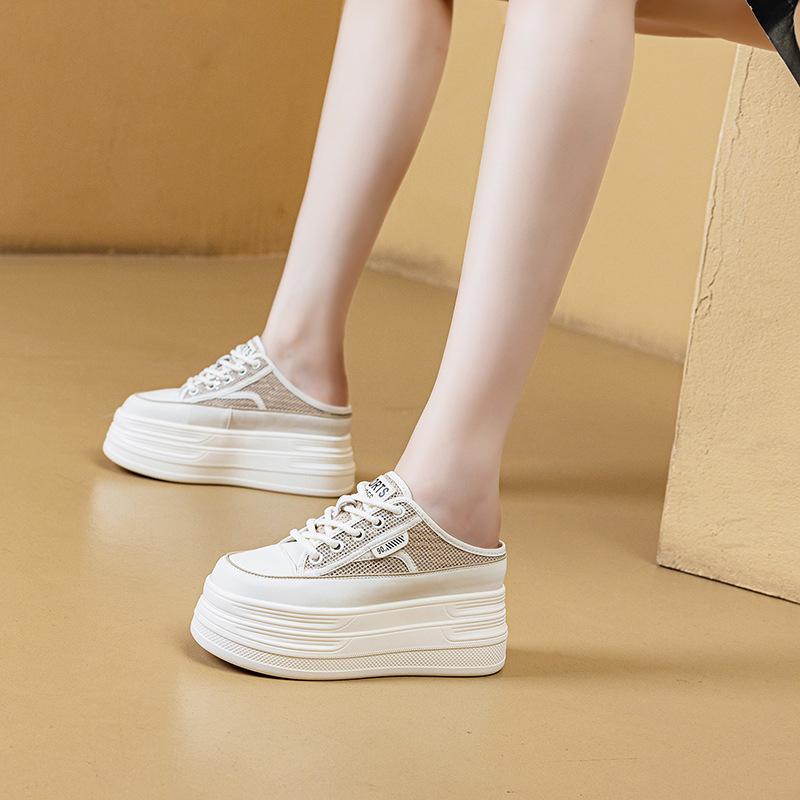 Fashion 8CM Air Mesh PU Synthetic Microfiber Leather Flats Summer Women Sandals Slipper Chunky Sneakers Slippers Platform Wedge Shoes