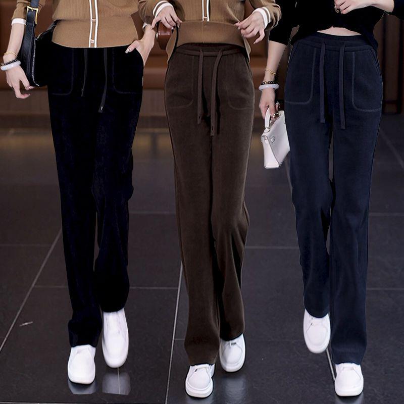 

Women s High-Waisted Slim-Fit Wide-Leg Pants, Velvet or Non-Velvet, for Spring, Autumn, and Winter - Casual, Loose, and Straight-Leg Design. Large