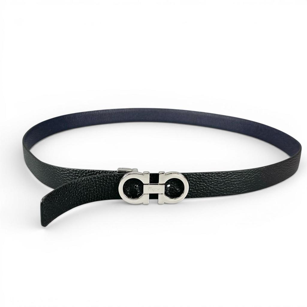 Pristine Salvatore Ferragamo Belt Double Gancini Reversible Navy Leather Mens Used