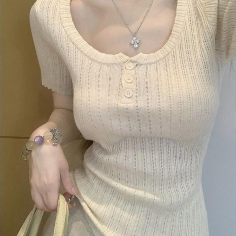 Korean-style Square-neck Knitted Short-sleeved Women's Summer Fitted Button-up Top