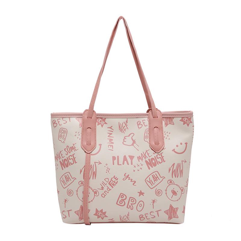 Contrasting color big bag women's autumn and winter new cute cartoon printed shoulder bag versatile trendy tote bag