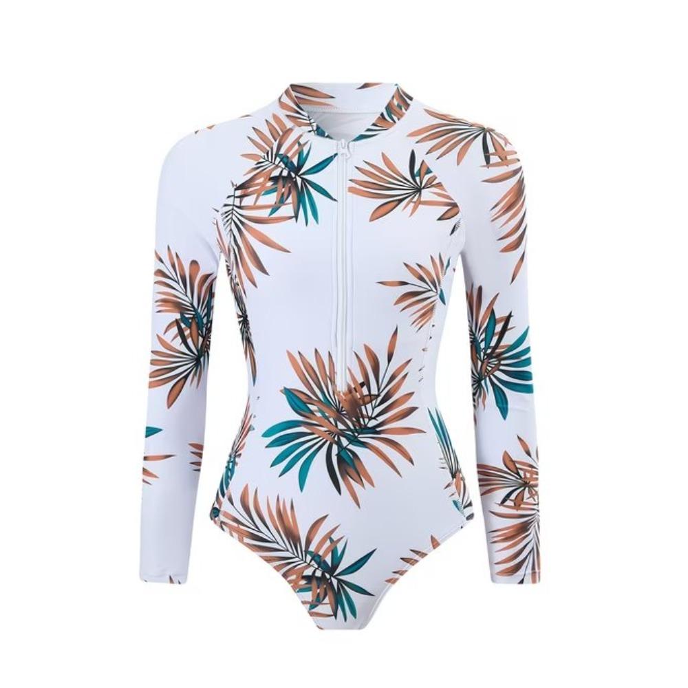 Women Long Sleeve One Piece Swimsuit Zip Front  Fresh Floral Fragments  Print Rash Guard Surfing Bathing Suit