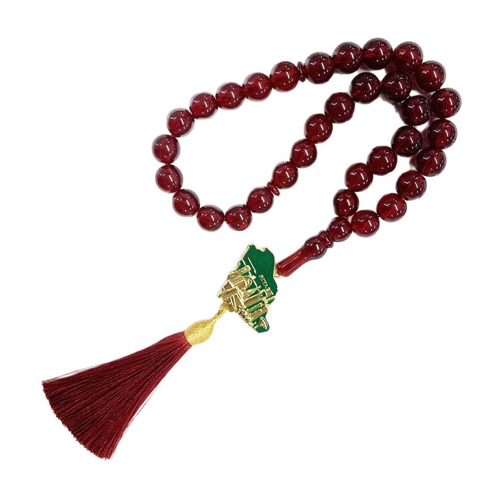 Saudi Arabia Map Gilt Pendant with 33mm Muslim Prayer Beads - Islamic Rosary Tasbih Middle Eastern Bracelet