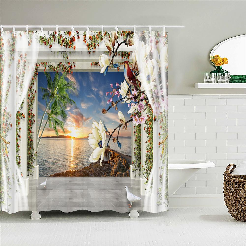 Country Garden Natural Flowers Scenery 3D Print Polyester Fabric Waterproof Shower Curtains Bathroom Curtain 180*200 with Hooks