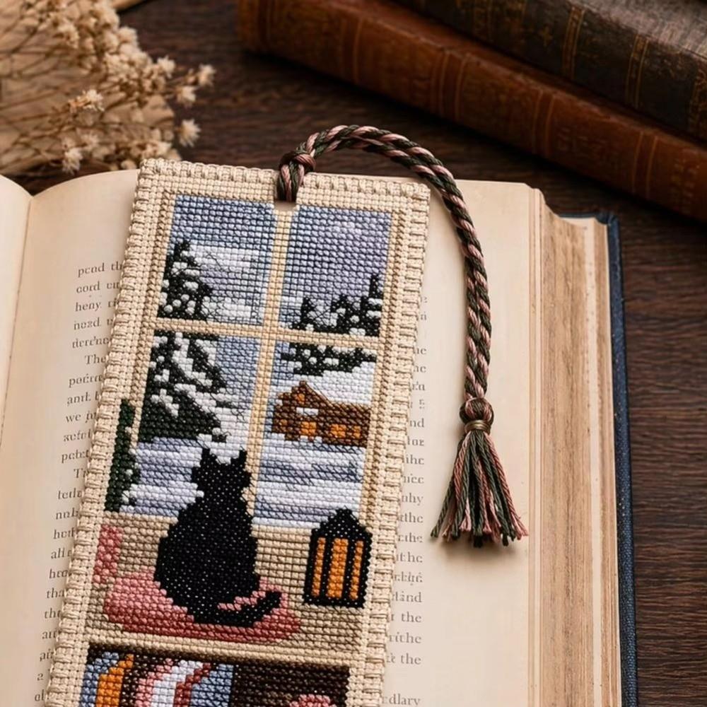 Handcrafted Cross Stitch Bookmark Material Kit Seasonal Cat Book Page Marker  for Book Lovers