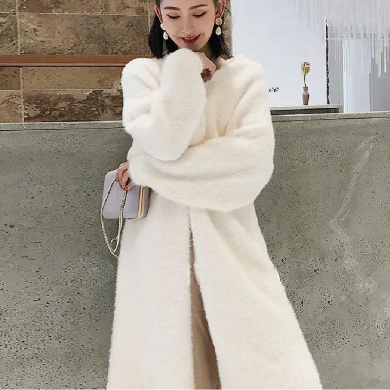White Long Cardigan for Women Winter Clothes Knitted Fluffy Long Sleeve Cashmere Sweater Coat Clotkorean Style Warm Vintage