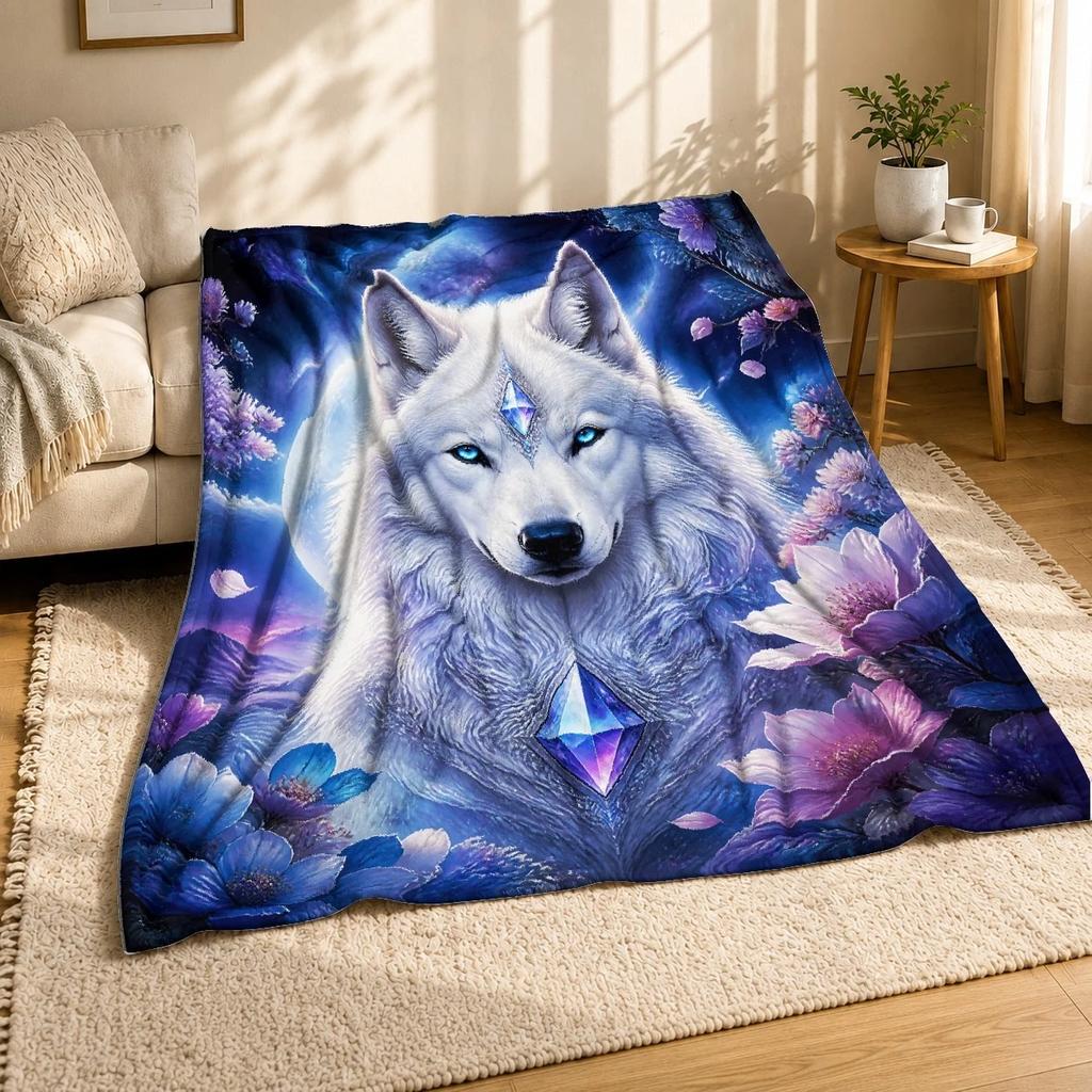 Crystal White Wolf Coral Fleece Blanket Mystical Wildlife Decor