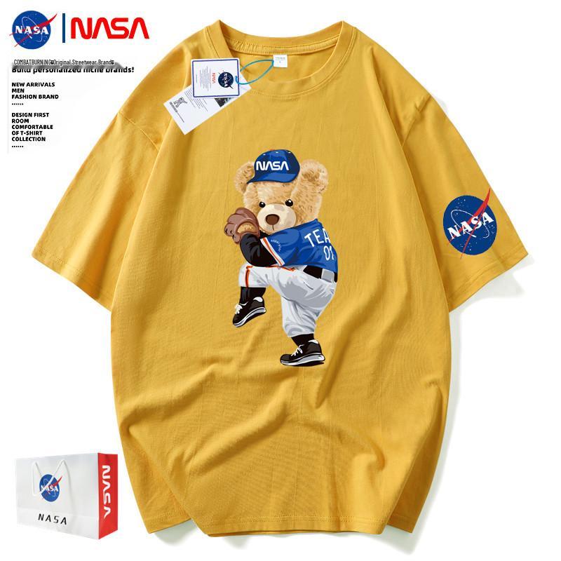 Men's NASA Co-branded Bear Print Crew Neck Cotton T-Shirt - Short Sleeve, Casual Streetwear, Plus Size Available